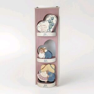 Hand Painted Wood Triple Heart Shelves Wall Mount 16.75" Pink and White Country